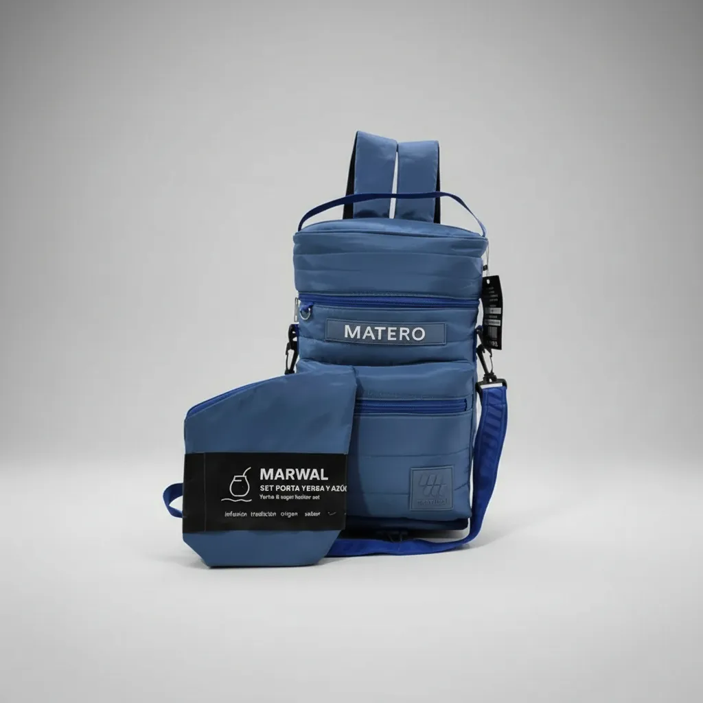 Mochila Matera Bolsito Yerbero Negro Poliester Marwal Celeste - Imagen 2