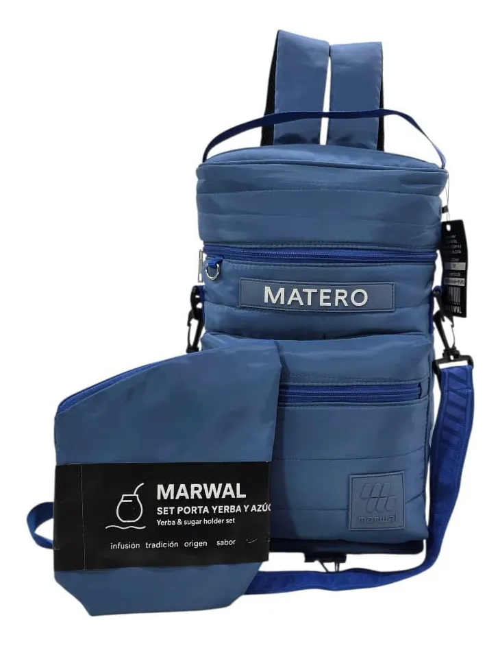 Mochila Matera Bolsito Yerbero Negro Poliester Marwal Celeste
