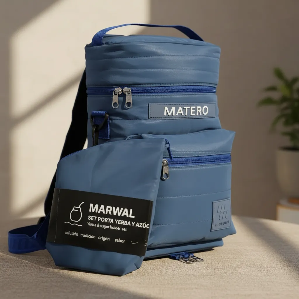 Mochila Matera Bolsito Yerbero Negro Poliester Marwal Celeste - Imagen 4