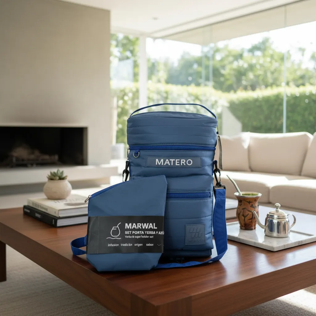 Mochila Matera Bolsito Yerbero Negro Poliester Marwal Celeste - Imagen 6